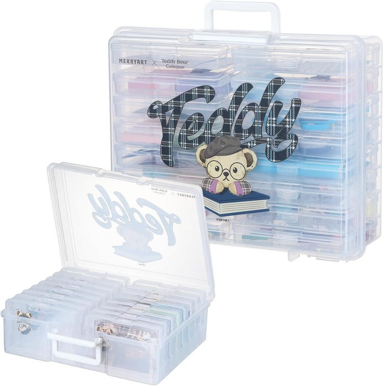 OMNISAFE 4x6 Photo Organizer Cases, Teddy Bear 16 Pack Plastic Craft Storage Container, Box for Pictures, Crafts, Scrapbooking, Transparent Photo Keeper with Handle (Campus Brown)