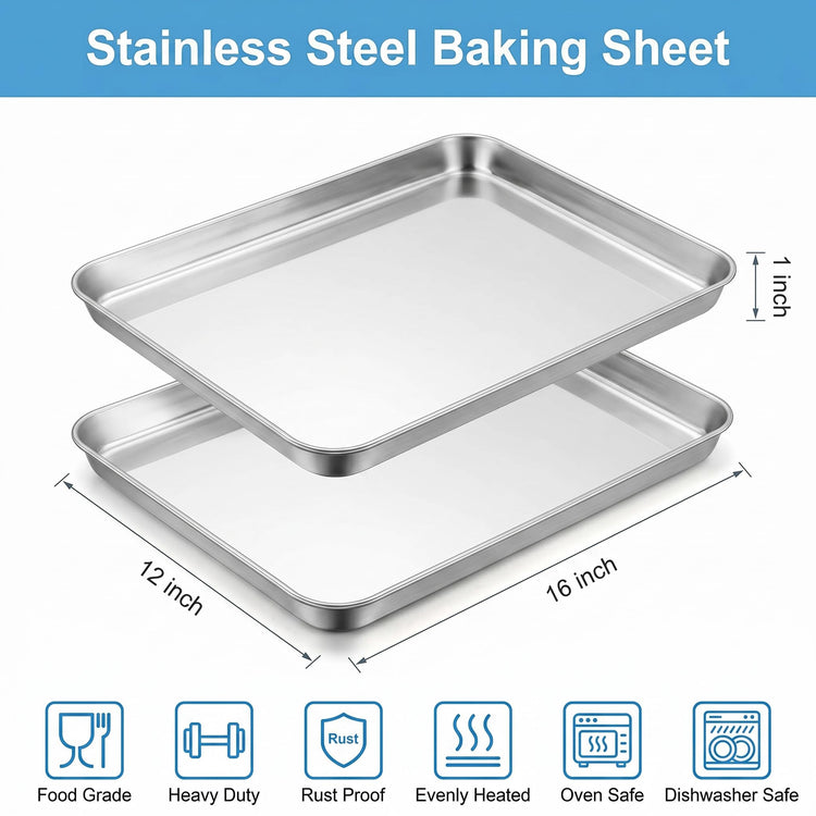 Baking Sheet 16"x 12"x 1" Stainless Steel Cookie Sheet Pan (2 Count)