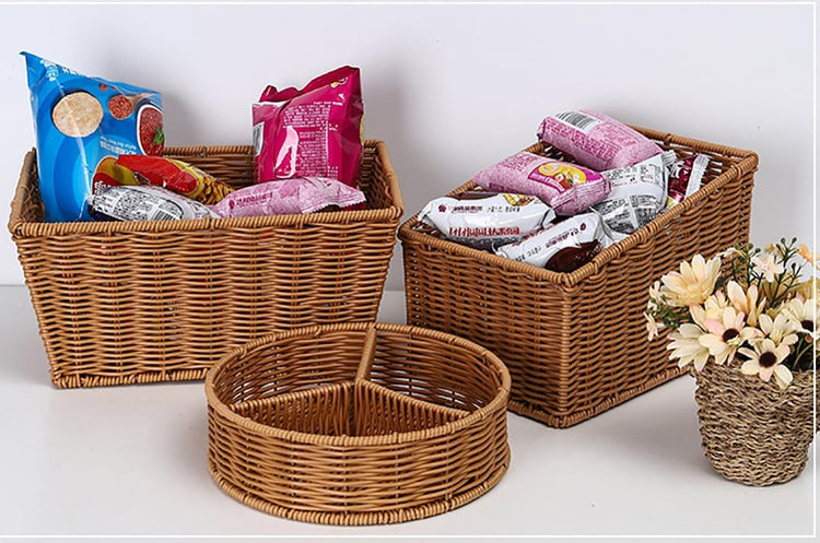 12" Poly Wicker Bread Basket, Hand Woven Food Storage Room Organizer, Fruits, Vegetables and Snacks Tabletop Food Serving Basket, Restaurant, Hotel Service, Brown (11.9x8x5.9)