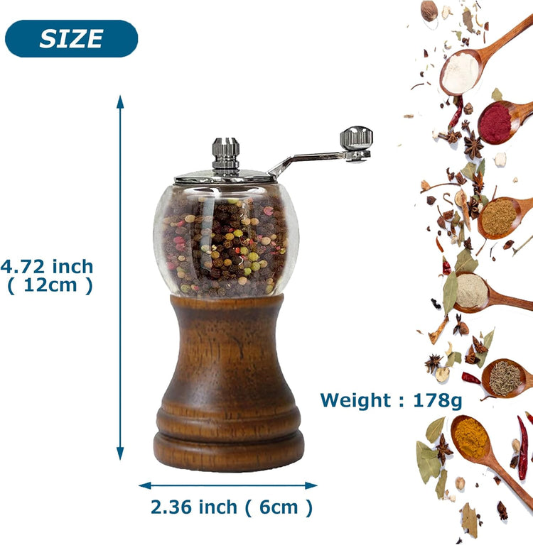 Salt and Pepper Grinder Set, Manual Pepper Grinder with Crank Handle, Adjustable Coarseness Pepper Grinder, Refillable for Sea Salt Black Pepper, Enjoy Fresh Ground Pepper Salts & Spices, Black-2-5in