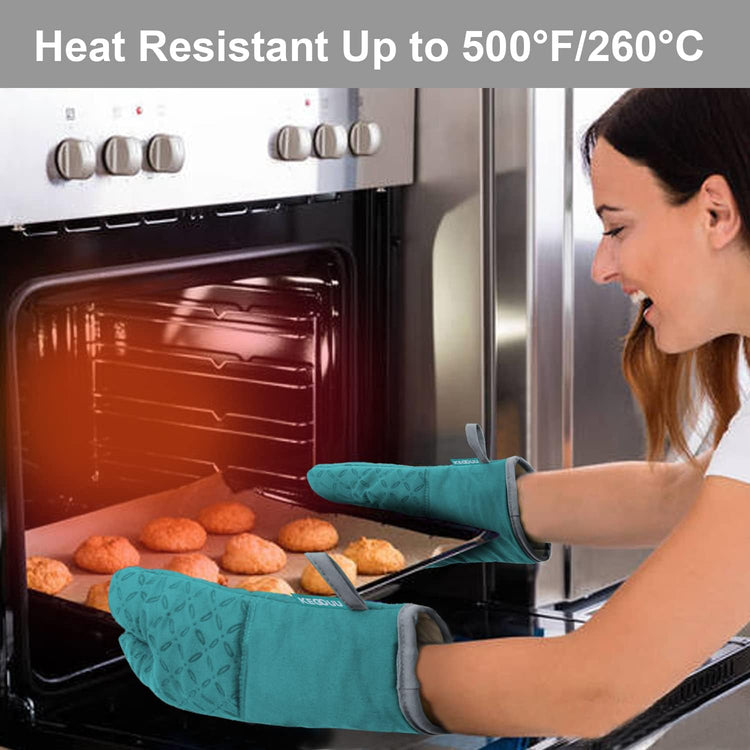 KEGOUU Oven Mitts and Pot Holders 6pcs Set, Kitchen Oven Glove High Heat Resistant 500 Degree Extra Long Oven Mitts and Potholder with Non-Slip Silicone Surface for Cooking (Lake Blue)