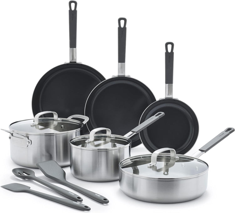 GreenPan x Bobby Flay Stainless Steel 12 Piece Cookware Pots & Pans Set, Professional Grade Tri-Ply, Multiclad, PFAS-Free Ceramic Nonstick, Induction Suitable, Dishwasher & Oven Safe,Stay Cool Handles