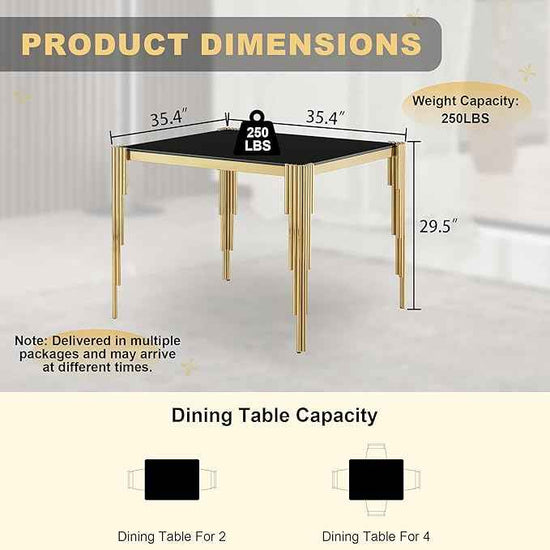 35'' Modern Square Glass Dining Table for 4 People,Black Tempered Glass Top Dining Room Table with Stainless Steel Base, Glass and Gold Dining Table for 4, Rectangle Dining Kitchen Table for Dinner