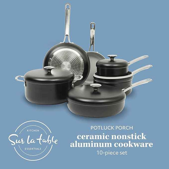 Sur La Table Kitchen Essentials Potluck Porch 10 Piece PFA Free Ceramic Non stick Interior Forged Aluminum Cookware Pots and Pans Set W/Aluminum Lids - Black - Induction Compatible