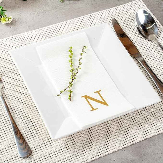 Luxenap 15.8 X 7.9 Inch Linen-Feel Guest Towels, 50 Lettered Hand Towels - Gold Letter 'N', Sans Serif Font, White Paper Dinner Napkins, airlaid, For Restrooms And Tables