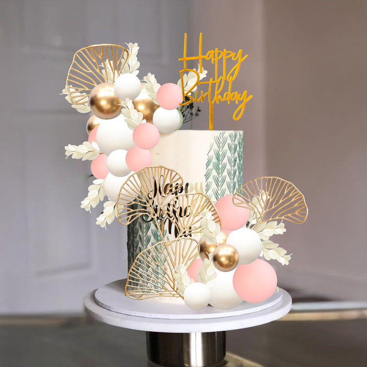 57Pcs Balls Cake Topper Boho Grass Cake topper Pearl Balls Acrylic Happy Birthday Cake Decorations for Wedding Baby Shower Birthday Boho Themed Party Supplies Pink (57 Count)