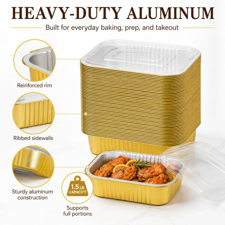 40 Pack 1.5 LB 7.2"×5"×1.8" Aluminum Pans with Lids Heavy Duty (40 Count)