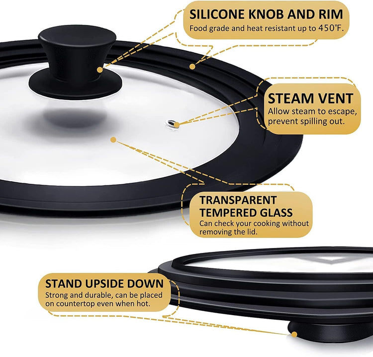 Universal Lids for Pots, Pans & Skillets - Fits 7", 8" & 9" Diameter, 10", 11" & 12" Diameter Cookware, Tempered Glass with High Heat Resistant Silicone Rim (2PK)