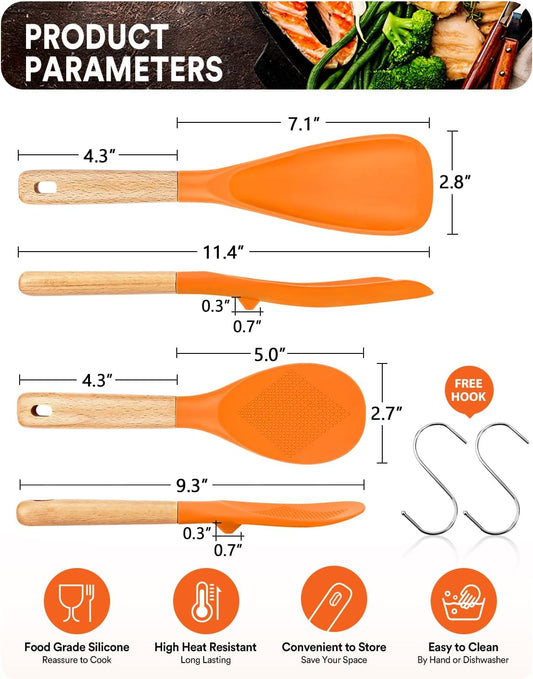 Cooking Spoon and Rice Scooper for Nonstick Cookwares, Great for Cooking and Serving Sturdy BPA-Free Matte Silicone, Wood Handle Spoon for Mixing, Scoop, and Scrape (ORANGE) - Nestoria