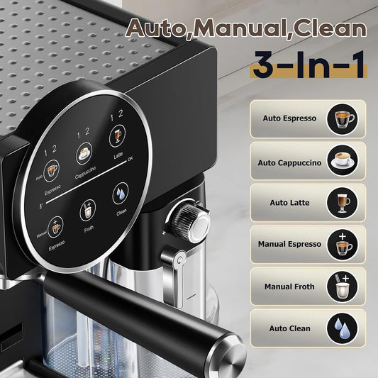 CUSIMAX Espresso Machine for Home, 20 Bar Expresso Coffee Machine,One-touch Control,Automatic Milk Frother,Compact Black Stainless Steel Cappuccino Machine,Ideal for Offices and Homes