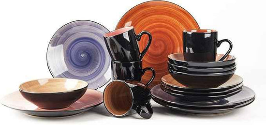 16-Piece Dinnerware Set - Serves 4, Black and Speckled Purple Plates & Bowls Set | Microwave & Dishwasher Safe Mix Cobalt, Mocha, Rose, Spice