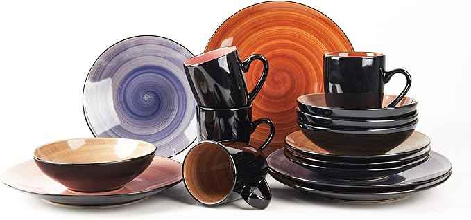 16-Piece Dinnerware Set - Serves 4, Black and Speckled Purple Plates & Bowls Set | Microwave & Dishwasher Safe Mix Cobalt, Mocha, Rose, Spice