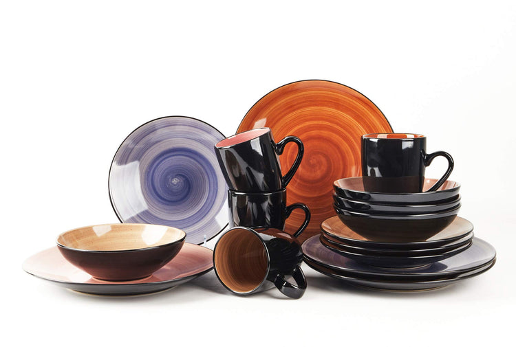 HomeVss, 16-Piece Dinnerware Set - Serves 4, Black and Speckled Purple Plates & Bowls Set | Microwave & Dishwasher Safe Mix Cobalt, Mocha, Rose, Spice