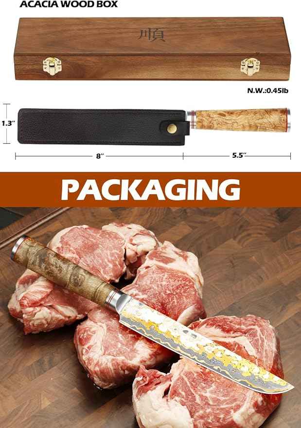 YOUSUNLONG Sakimaru Knife 8" - Japanese Sushi Knife - Handmade Copper Damascus Steel Carving Knives - Ultra Sharp Salmon Knife - Naturel Burl Wooden Handle with Leather