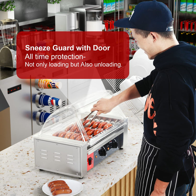Hot Dog 7 Roller Grill Cooker Machine with Transparent Sneeze Guard