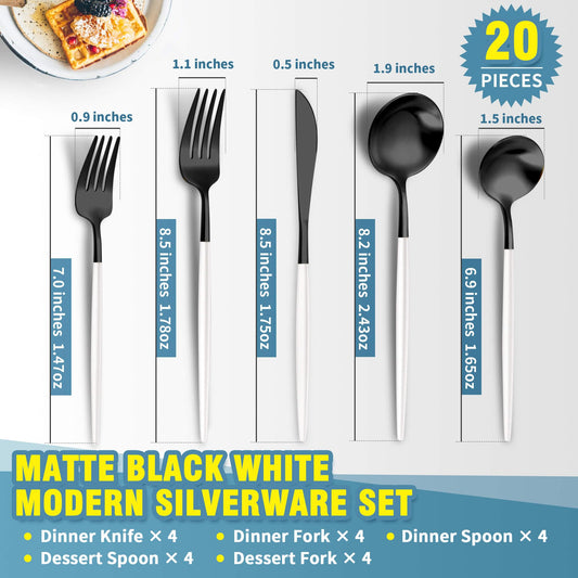 Matte Black White Silverware Set for 4 (20 Count)
