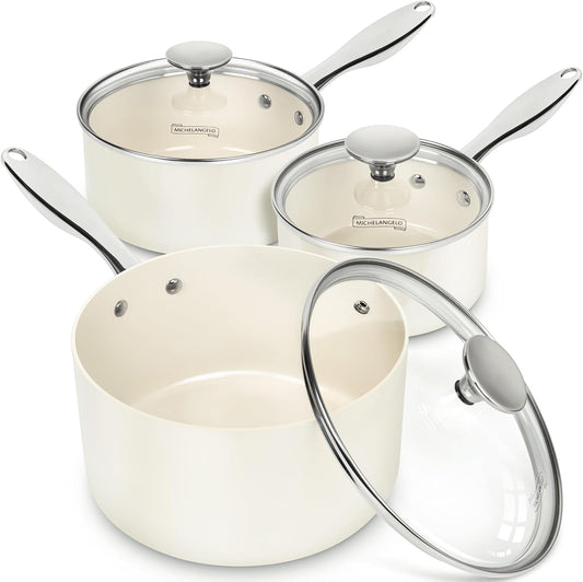 MICHELANGELO Sauce Pan Sets - Ceramic Sauce Pan with Lid, Nonstick Saucepan Set, 1Qt & 2Qt & 3 Qt Small Pots for Cooking, Non-Toxic Sauce Pot, White - Nestoria