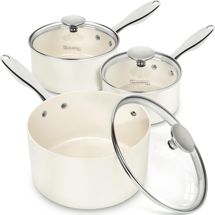 MICHELANGELO Sauce Pan Sets - Ceramic Sauce Pan with Lid, Nonstick Saucepan Set, 1Qt & 2Qt & 3 Qt Small Pots for Cooking, Non-Toxic Sauce Pot, White - Nestoria
