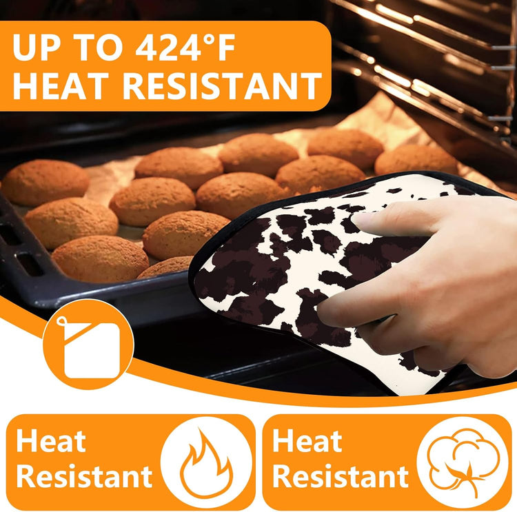 Black Cow Print Oven Mitts and Pot Holders Sets 4Pcs,Extra Long Oven Gloves Potholder for Kitchen Cooking Baking BBQ 100% Cotton Heat Resistant