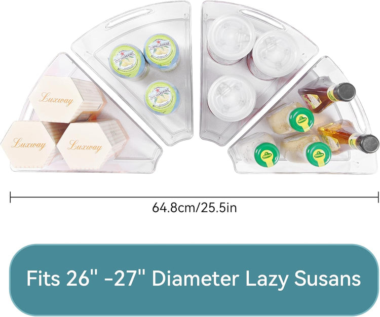Oubonun Lazy Susan Organizers Set of 4, 10.2”x 9.4”x 4” Plastic Transparent Kitchen Cabinet Storage Bins with Handle, 4" Deep Container, 1/8 Wedge - Food Safe, without BPA