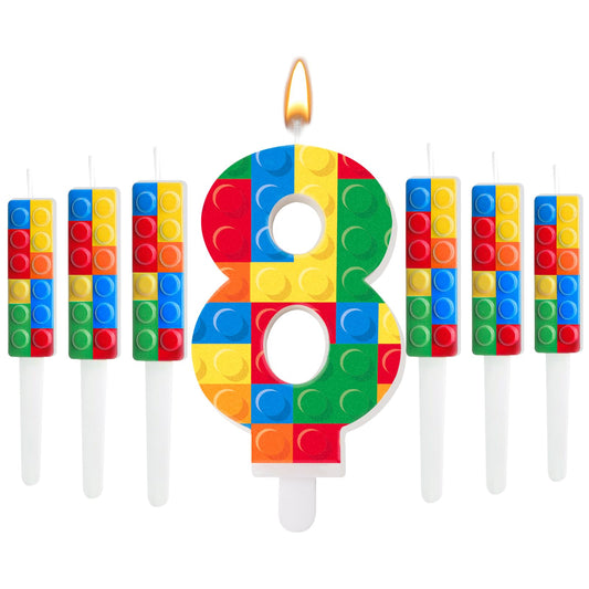 7 Pcs Building Block Themed Birthday Candles Set Building Blocks Number 8 Candle Cake Topper for Building Block Party Decoration Supplies (7 Count)