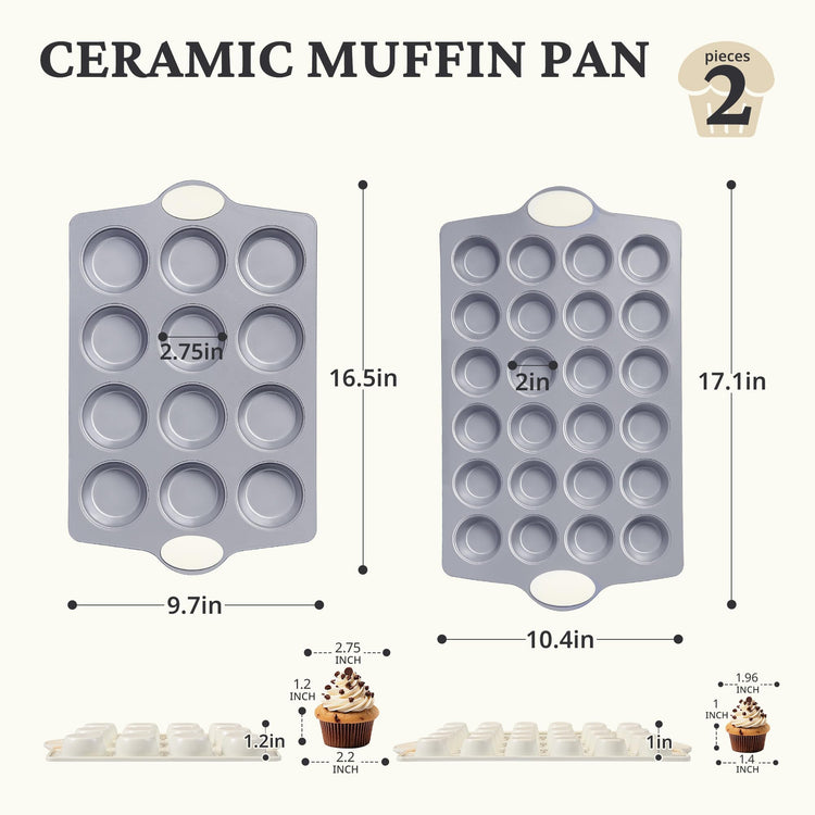2 Pack 12 Cup and Mini 24 Cup Non Toxic Nonstick Ceramic Muffin Pan & Cupcake Tin (2 Count)