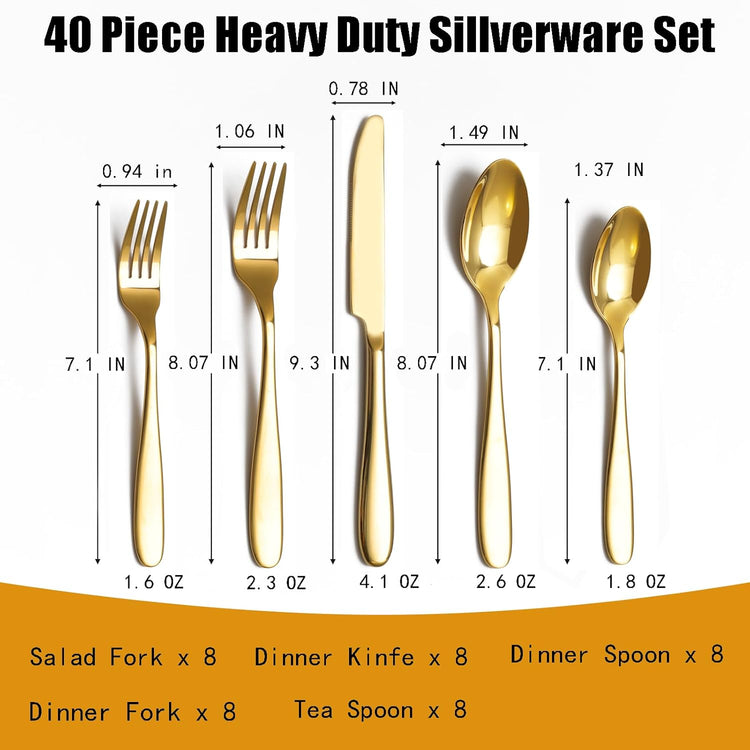 40-Piece Gold Silverware Set, Flatware Set for 8, Food-Grade Stainless Steel Tableware Cutlery Set, Mirror Finished Utensil Sets for Home Restaurant, Forks Spoons and Knives Set, Dishwasher Safe
