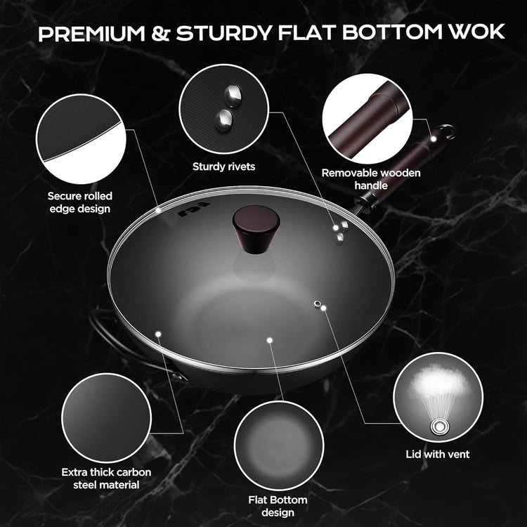 13 Inch Wok with Lid and 12 Inch Sikllet, Carbon Steel Cookware Set, Carbon Steel Woks &Stir-fry Pans Nonstick and Frying Pan, Pre-Seasoned 5.8QT Flat Bottom Chinese Wok, Compatible with All Cooktops