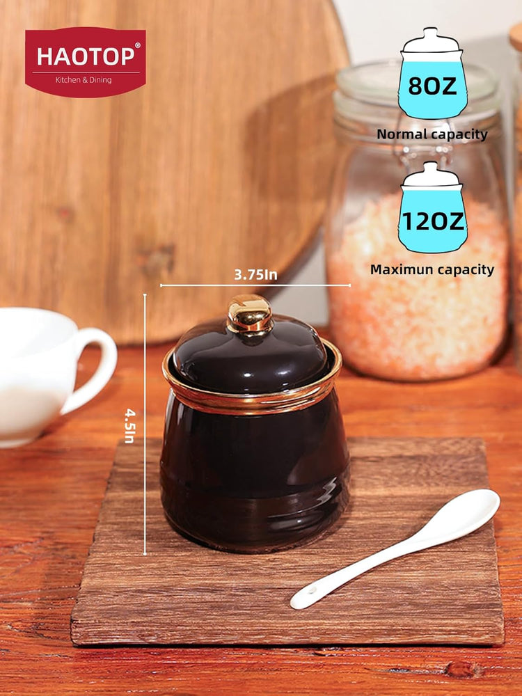 HAOTOP 12oz Sugar Bowl with Lid and Spoon,Simple Ceramic Sugar Jar Sugar Container Sugar Dispenser Coffee Bar Accessories, Modern Kitchen Countertop Canisters, Black