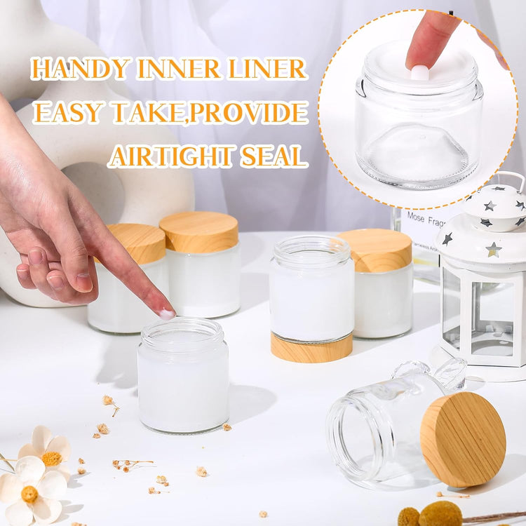 Norme 48 Pcs 4 oz Glass Jars with Lids Empty Small Glass Containers and Inner Liners Reusable Cosmetic Jars Round Airtight Bottles with Plastic Woodgrain Lids for Travel