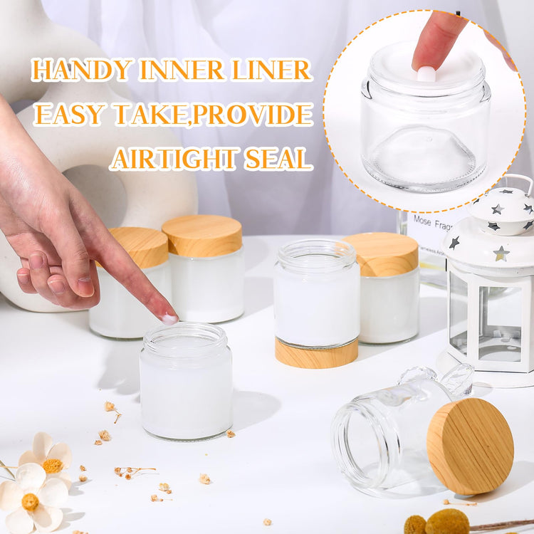 48 Pcs 4 oz Glass Jars with Lids Empty Small Glass Containers and Inner Liners Reusable Cosmetic Jars Round Airtight Bottles with Plastic Woodgrain Lids for Travel