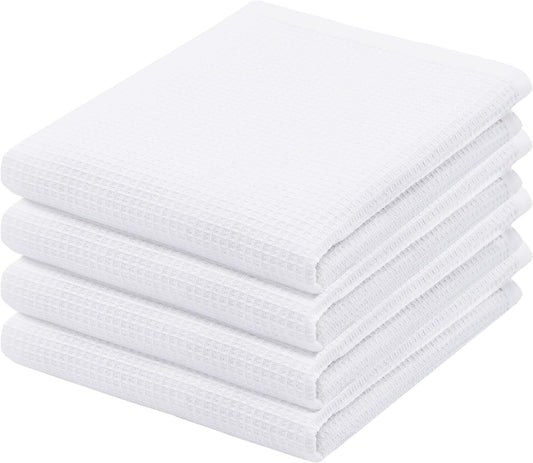PurpleEssences Waffle Weave Kitchen Towel, 100% Cotton - 15 x 25 Inches, with Hanging Loop Ultra Soft Absorbent Quick Drying Dish Cloth, Tea and Hand Towels, 4 Pack - Spring Summer - White - Nestoria