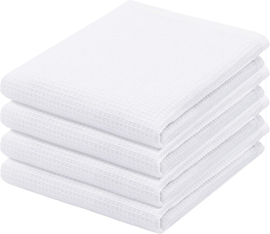 PurpleEssences Waffle Weave Kitchen Towel, 100% Cotton - 15 x 25 Inches, with Hanging Loop Ultra Soft Absorbent Quick Drying Dish Cloth, Tea and Hand Towels, 4 Pack - Spring Summer - White - Nestoria