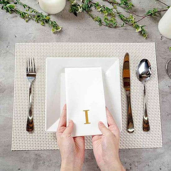 Luxenap 15.8 X 7.9 Inch Linen-Feel Guest Towels, 50 Lettered Hand Towels - Gold Letter 'I', Sans Serif Font, White Paper Dinner Napkins, airlaid, For Restrooms And Tables