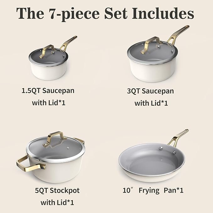7-Piece Ceramic Nonstick Cookware Set with Lids - PFAS/PTFE/PFOA Free, Interior & Exterior Ceramic Coating -Easy to Clean- Kitchen Storage-All Stovetop Compatible & Oven-Safe up to 480°F