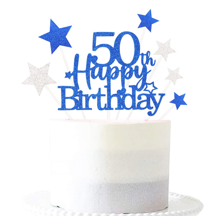 Royal Blue 50th Birthday Cake Topper with Glittery Stars (7 Count)