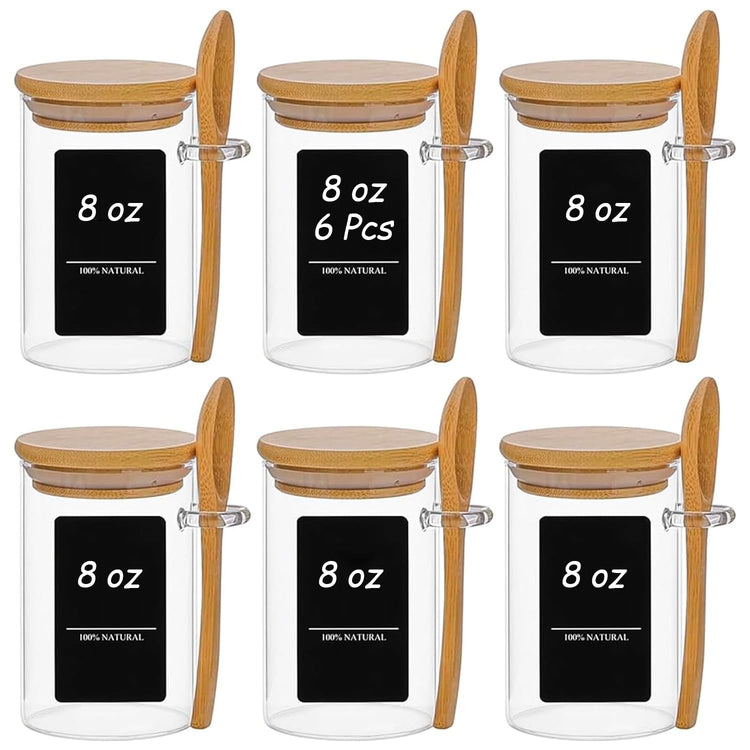 Glass Spice Jars with Spoons 8 oz 6 Pack Round with Labels (6 Count)
