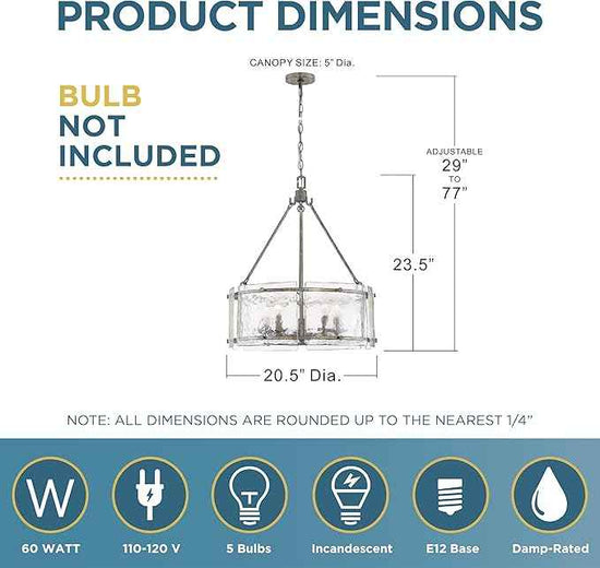 Quoizel Fortress Pendant Lighting, 21 Inch 5-Light Mottled Silver Drum Light, Max Adjustable Height 77", Textured Glass Pendant Light for Kitchen Island, Dining, Hallway or Bedroom