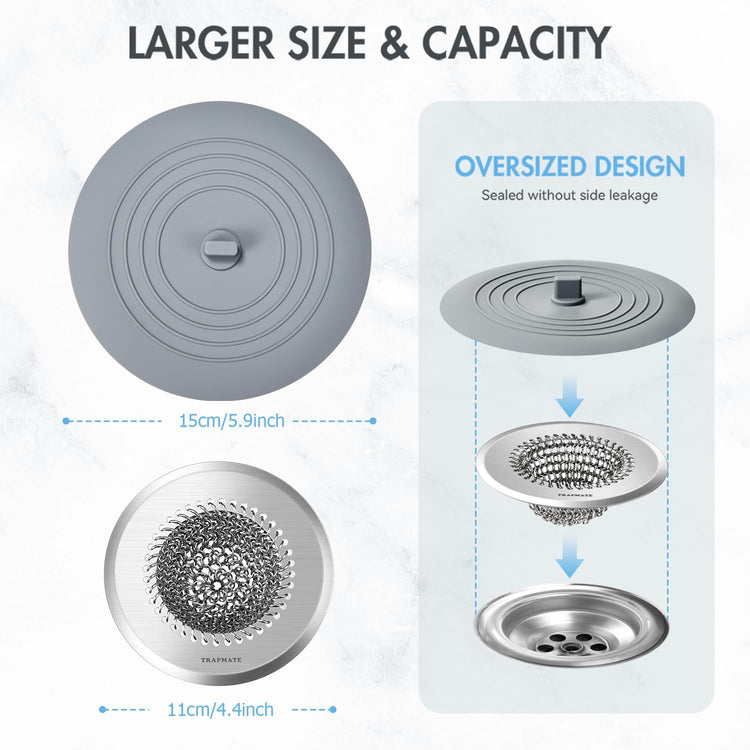 TRAPMATE Sink Drain Strainer, Easy Clean Kitchen Sink Strainer with Stopper, 304 Stainless Steel Sink Strainer Basket, Revolutionary Drain Stopper Kitchen Sink, Garbage Disposal Strainer for US Drain
