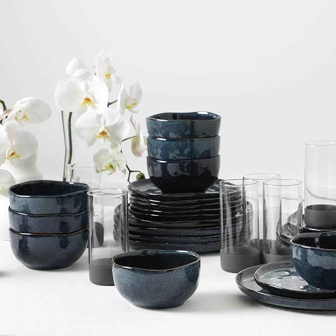 Stone Lain Mirella 16-Piece Dinnerware Set Stoneware, Borosilicate Glass, Blue