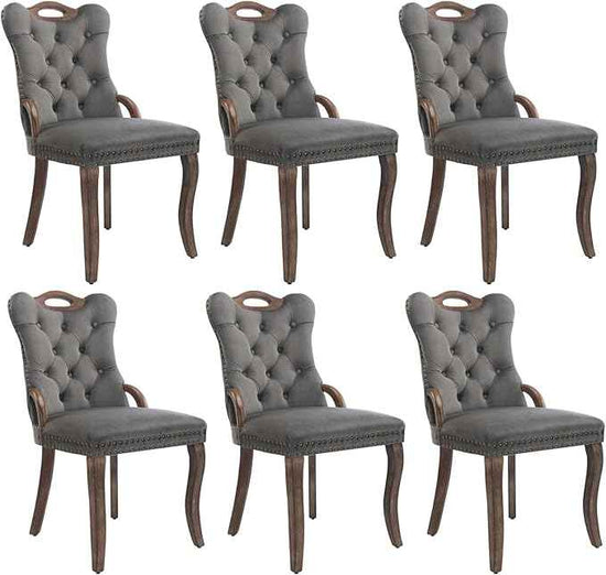 Grey Velvet Dining Chairs Set of 6，Modern Upholstered Dining Room Chairs with Tufted Back and Wood Accents, Curved Solid Wood Legs & Nailhead Trim, Sillas De Comedor Modernas 6