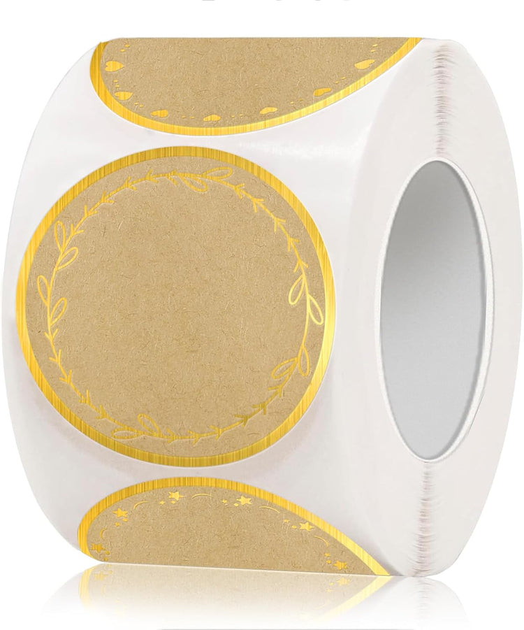 2" Kraft Label Stickers for Jars and Lids, 6 Different Gold Border Designs, Kraft Sticker Labels use for Pantry, Mason Jars, Canning, Bottles- 500pcs