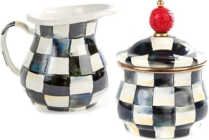 MACKENZIE-CHILDS Enamel Creamer and Sugar-Bowl Set, Cream Dispenser and Sugar Holder, Unique Kitchen Decor, Black-and-White Courtly Check