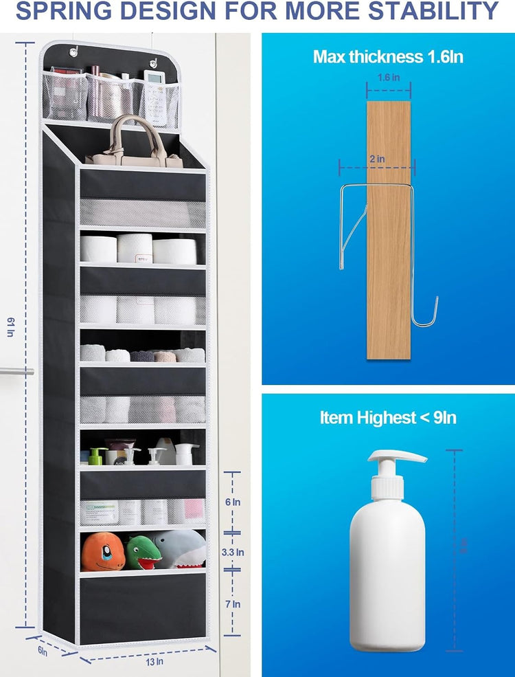 Over the Door Organizer Storage - 6 Tier Hanging Storage shelves Door Organizer with Pockets, Anti Tilt 44 lb Load Behind Door Organizer for Bedroom,Nursery,Bathroom,Kitchen,Dorm,Shoe - 1 Pack, Black