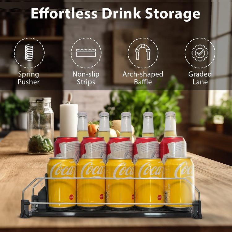 Upgraded Drink Organizer for Fridge – Adjustable Width Soda Can Organizer with Automatic Glide, Space-Saving Refrigerator Can Dispenser Holds Up to 25 Cans – Drink Holder for Fridge (3 Rows, Black)