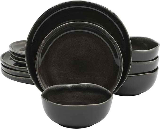 Gibson Elite Nardini 12 Piece (Service for 4) Plates and Bowls Reactive Glaze Dishes Stoneware Ceramic Dinnerware Set - Black