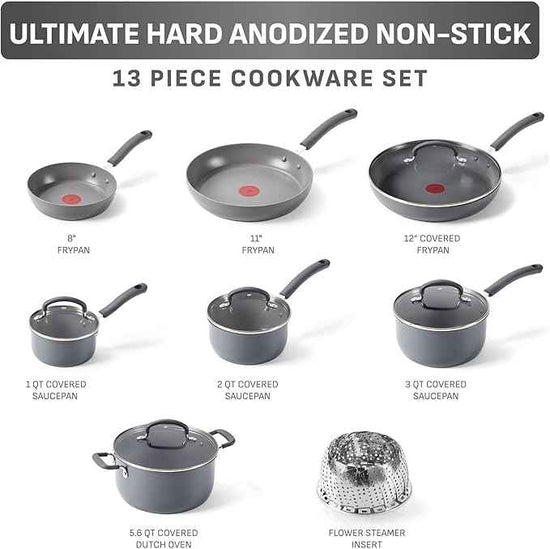 T-Fal Ultimate Hard Anodized Nonstick 13 Piece Cookware Set, Oven Safe Up to 400°F, Pots and Pans Set, Includes Frying Pans, Saucepan, Stockpot, Cooking Utensils, Grey