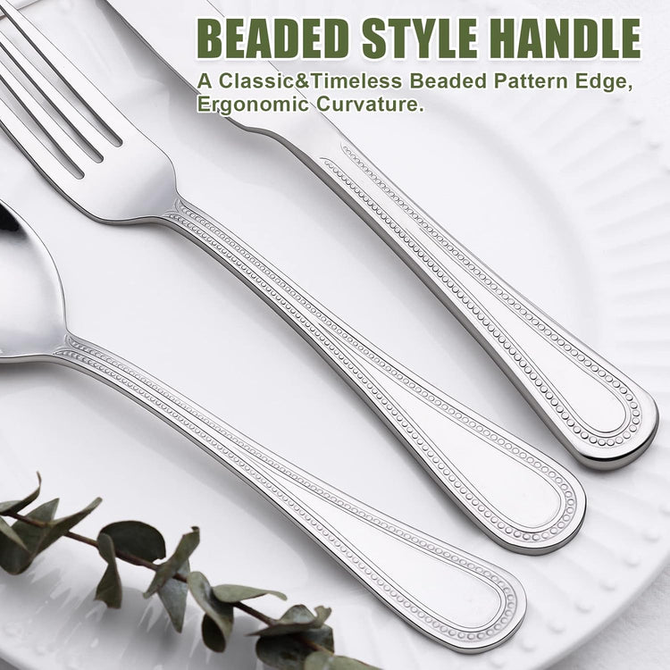 40 Piece Silverware Set for 8, Terlulu Stainless Steel Flatware Set, Mirror Polished Cutlery Set Utensil Set, Tableware Include Forks Spoons Knives for Home Restaurant, Beaded Handle, Dishwasher Safe