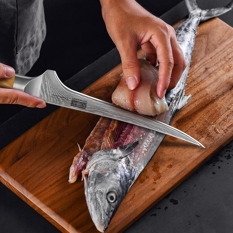 7 Inch Damascus Fillet Knife, Professional VG-10 Super Steel Japanese Boning Knife, Ultra Sharp Fish Knife with Ergonomic Olive Wood Handle