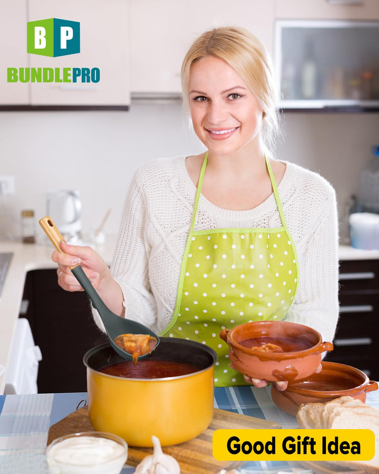 Silicone Soup Ladle and Spaghetti Spoon Set with Wooden Handle (2 Count)